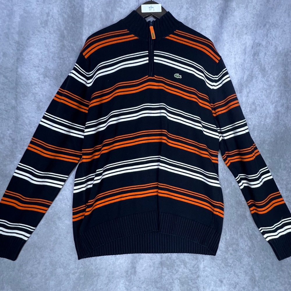 Lacoste Mens Quarter Zip Striped Sweater Black Orange White Size 7 XXL AH3036‎